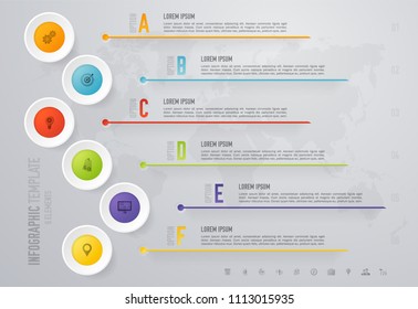 Vector abstract infographic design template with 6 steps and marketing icons. For content, diagram, steps, parts, processes, timeline infographics, workflow layout, chart, banner, web design.