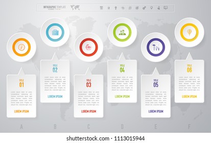 Vector abstract infographic design template with 6 steps and marketing icons. For content, diagram, steps, parts, processes, timeline infographics, workflow layout, chart, banner, web design.