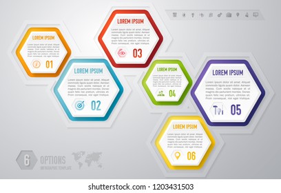 Vector abstract infographic design template with 6 steps and marketing icons. For content, diagram, steps, parts, processes, timeline infographics, workflow layout, chart, banner, web design.