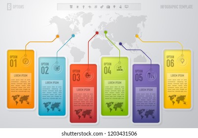 Vector abstract infographic design template with 6 steps and marketing icons. For content, diagram, steps, parts, processes, timeline infographics, workflow layout, chart, banner, web design.
