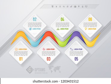 Vector abstract infographic design template with 6 steps and marketing icons. For content, diagram, steps, parts, processes, timeline infographics, workflow layout, chart, banner, web design.