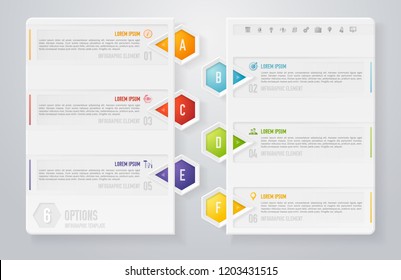 Vector abstract infographic design template with 6 steps and marketing icons. For content, diagram, steps, parts, processes, timeline infographics, workflow layout, chart, banner, web design.