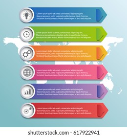 Vector abstract infographic elements with six options for workflow presentations, banners, diagrams, number options, and web design. Vector illustration.