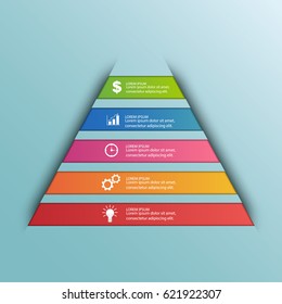 Vector abstract infographic pyramid with five options for workflow presentations, banners, diagrams, number options, and web design. Vector illustration.