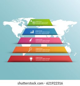Vector abstract infographic pyramid with five options for workflow presentations, banners, diagrams, number options, and web design. Vector illustration.