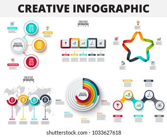 Vector abstract infographics number options template. Can be used for workflow layout, diagram, business step options, banner, web design. Circles, squares, star and map.
