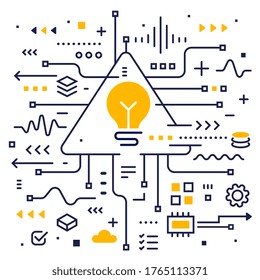 Vector abstract innovation illustration of data array visual with light bulb on white background. Big data visualization connection complex with icon. Line art style design of graphic element for web