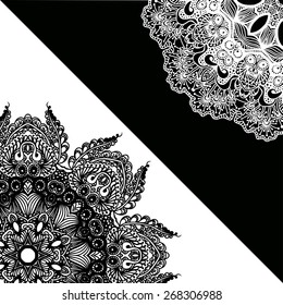Vector abstract invitation card with abstract wave. Lace ornament. Template wavy frame design for card.Black and white