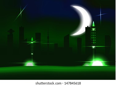 vector abstract islamic illustration with mosques and cityscape, eps 10 file, gradient mesh and transparency used, raster version available
