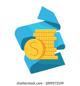 Ilustración de dibujos animados abstractos con pila de monedas, dinero y cinta. El concepto de ahorro, acumulación, operaciones bancarias, ganancias, prosperidad, etc.