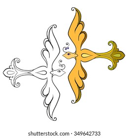 Vector abstract isolated illustration of black and white and multicolored flying bird. Hand-drawn coloring page. Isolated on white background.