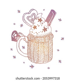 Ilustración aislada vectorial con una taza de café caliente con crema batida. Concepto invierno, confort, romance, celebración, Navidad, año nuevo. Se puede usar en diseño web, banners, etc.