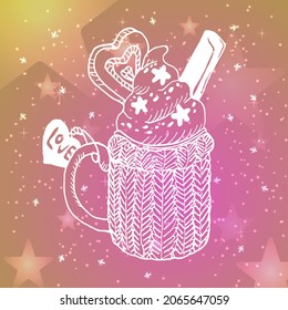 Vector abstract isolated illustration with a cup of warm coffee with whipped cream against background of the galactic sky. Concept winter, comfort, cozy, romance, celebration, Christmas, new year.