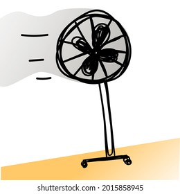 Abstrakte Vektorgrafik einzeln mit eingeschaltetem Lüfter. Konzept der Kühlung bei heißem Sommerwetter, Hintergrund, vereinfachte Elemente. Es kann als separates Objekt in der Gestaltung, Dekoration verwendet werden.