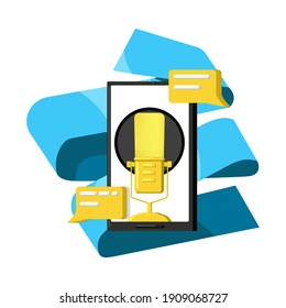 Vector abstract isolated illustration metaphor screen of mobile phone, correspondence, comments. Background is white with blue folded ribbon. Concept podcasting, social networks, online broadcasting.