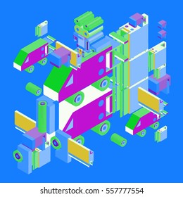 Vector abstract isometric construction, vector polygonal shape. Template for poster design and background or fabric print.