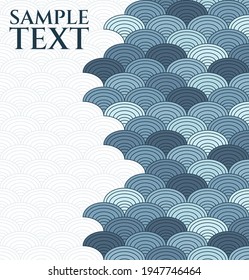 fondo japonés abstracto vectorial con escalas de peces, parte ligera para texto y parte de color brillante en colores azules, las escalas de peces tienen colores azulados aleatorios