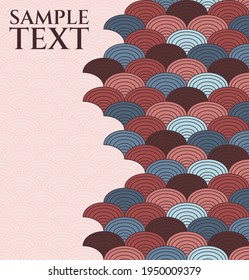 vector abstract japanese background with fish scales, light part for text and bright colored part in blue and orange colours, fish scales have random colours