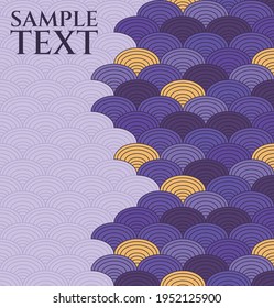 vector abstract japanese background with fish scales, light part for text and bright colored part in purple and yellow colours, fish scales have contrast random colours, main colour is purple