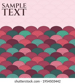 Vektorabstrakter japanischer Hintergrund mit Fischwaagen, heller Textteil auf der Bildseite und im Bot-Teil dunkler Teil hellfarbiger Ornamente, rosa und grüne Farben