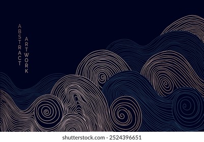 Paisajes de diseño de estilo japonés abstracto de Vector alineados con olas en colores negro y dorado	