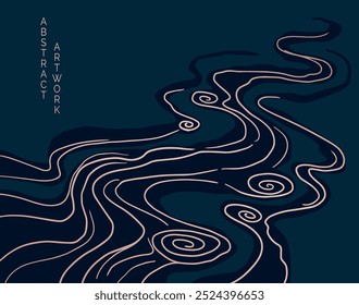 Paisajes de diseño de estilo japonés abstracto de Vector alineados con olas en colores negro y dorado	