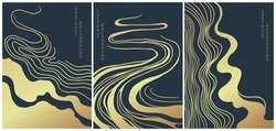 Vektorabstrakte Landschaften Im Japanischen Stil Mit Wellen In Schwarz-Gold-Farben	