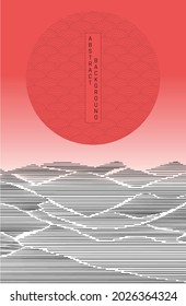 vector abstract japanese style landscapes lined waves with red circle 