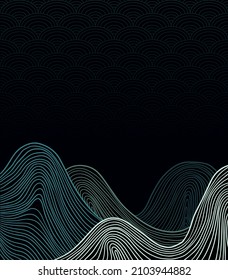vector abstract japanese style landscapes lined waves in black background and colored line