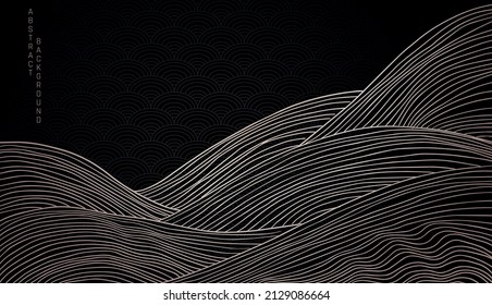 vector abstract japanese style landscapes lined waves in black and gold colours	