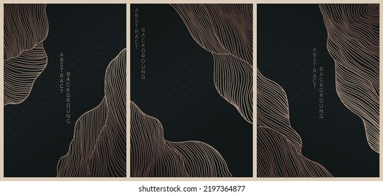 vector abstract japanese style landscapes lined waves in black and gold colours	