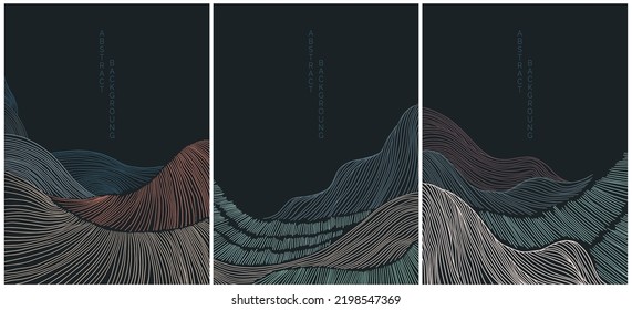 vectores abstractos de paisajes de estilo japonés alineados con olas de fondo negro y líneas de colores	