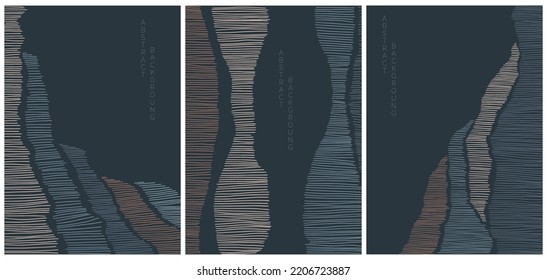 vector abstract japanese style landscapes lined waves in black background and colored lines	