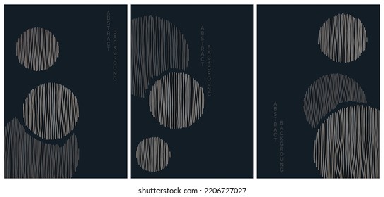 vector abstract japanese style landscapes lined circles in black and gold colours	