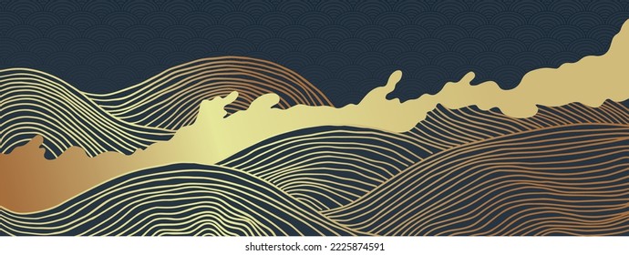 vectores abstractos paisajes de estilo japonés alineados con olas en colores negro y dorado	