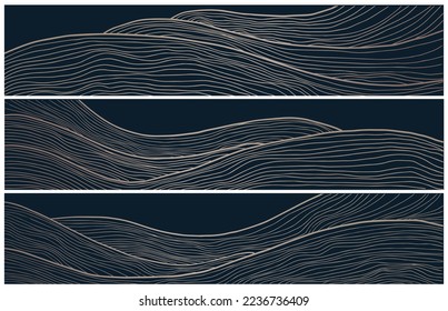 Vektorabstrakte Landschaften im japanischen Stil mit Wellen in Schwarz-Gold-Farben	