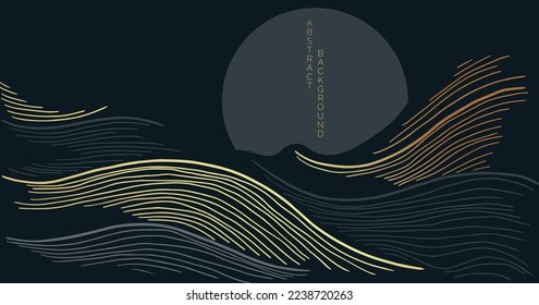 vector abstract japanese style landscapes lined waves in black and gold colours	