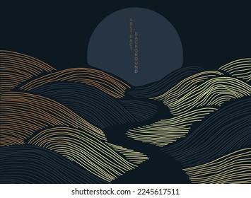 vector abstract japanese style landscapes lined waves in black and gold colours	