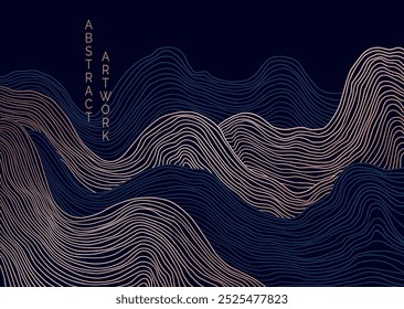 vector abstract japanese style landscapes lined waves in black and gold colours