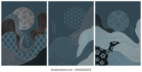 vetor abstrato estilo japonês paisagens ondas alinhadas em preto e dourado cores