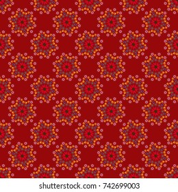 Vector abstract kaleidoscope background in orange, red and brown colors. Multicolor mosaic texture. Unique kaleidoscope design. Beautiful kaleidoscope seamless pattern.