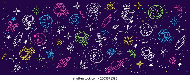 Vector abstract kid space illustration, fun neon color pattern with astronaut, star, planet and white line on dark backgound