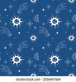 Resumen de vectores Ilustración del espacio infantil sobre fondo azul, patrón divertido sin brillo con Star, Sun, Moon, Línea blanca Diseño de estilo de arte