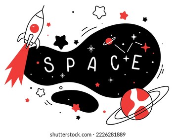 Vector abstract kid space illustration with spaceship, star and planet on white background. Flat line art style space design with word space for kid poster, card