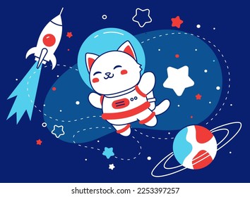 Vector abstract kid space illustration with animal astronaut cat, spaceship, star and planet on dark background. Flat line art style space design with astronaut cat for kid poster, card, web, banner