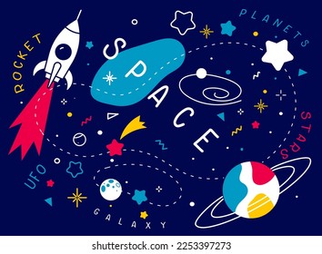 Vector abstract kid space illustration with spaceship, star and planet on dark blue background. Flat line art style space design with word space for kid poster, card, web, site, poster, banner