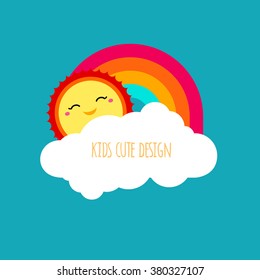 Vector abstract kids cute design element. Shapes of sun, cloud and rainbow on blue sky background. Happy smiley face of sun character. Modern bright colors graphic element for cute kids illustration. 
