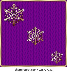 Vector abstract knitted pink background with gold snowflake embroidery thread