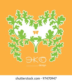 Vector abstract label. green leaves make a heart in the center of which a small orange butterfly. / Eco design.