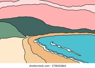 Vector abstract landscape, beautiful background. Illustration with contour of hills and beach. 